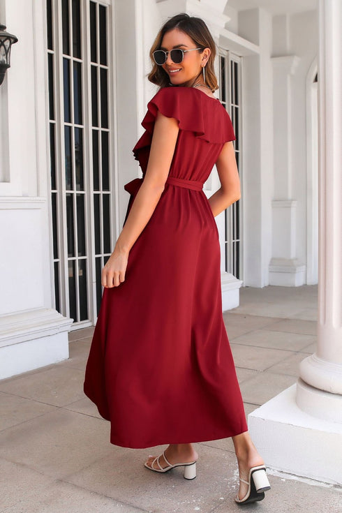 ruffled-surplice-tie-waist-slit-midi-dress Sophia's Trends - Sophia's Style-White-L